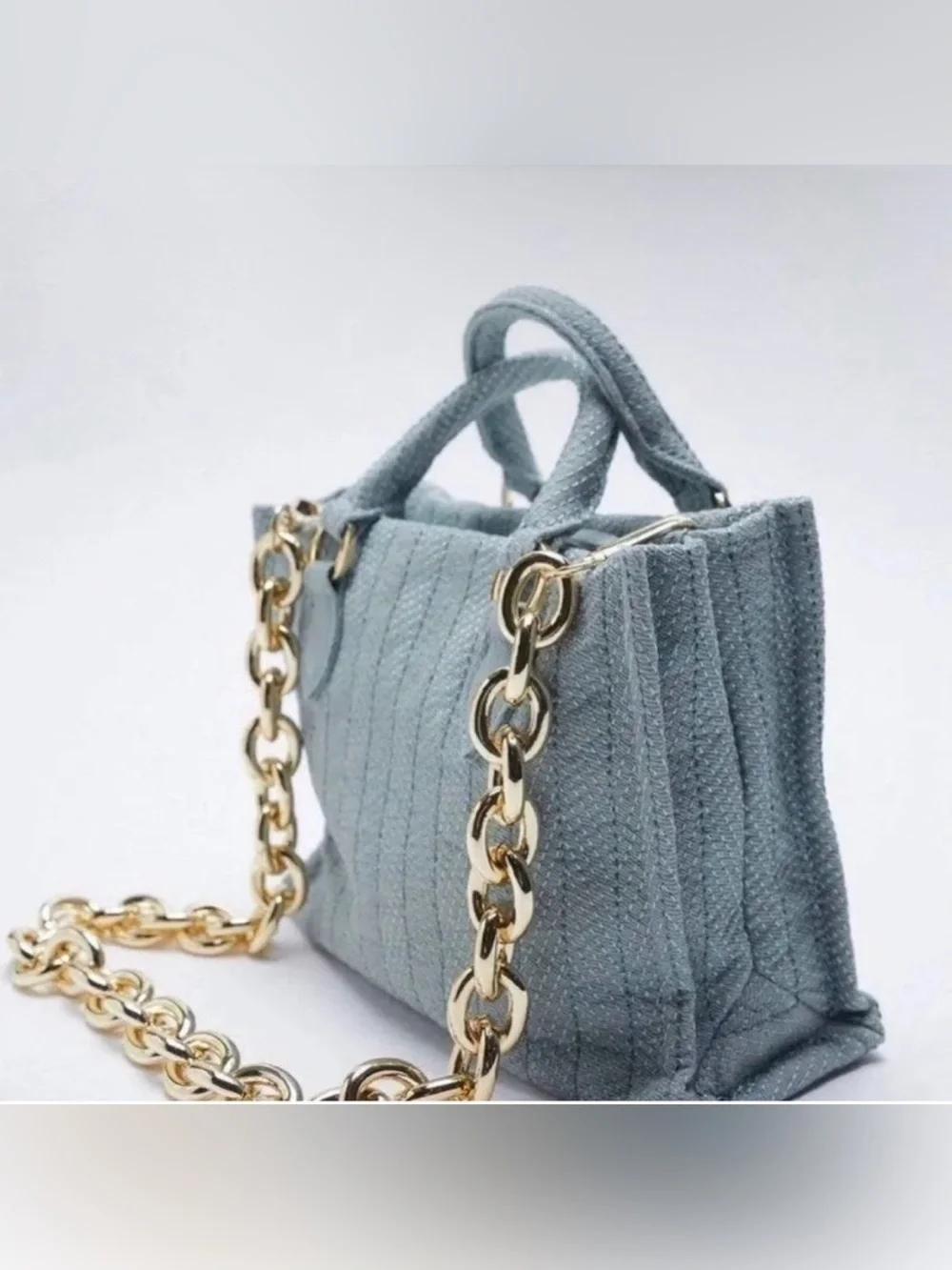 ZARA Light Blue Small Satchel Top Handle Zip Bag Gold Hardware Detachable Strap